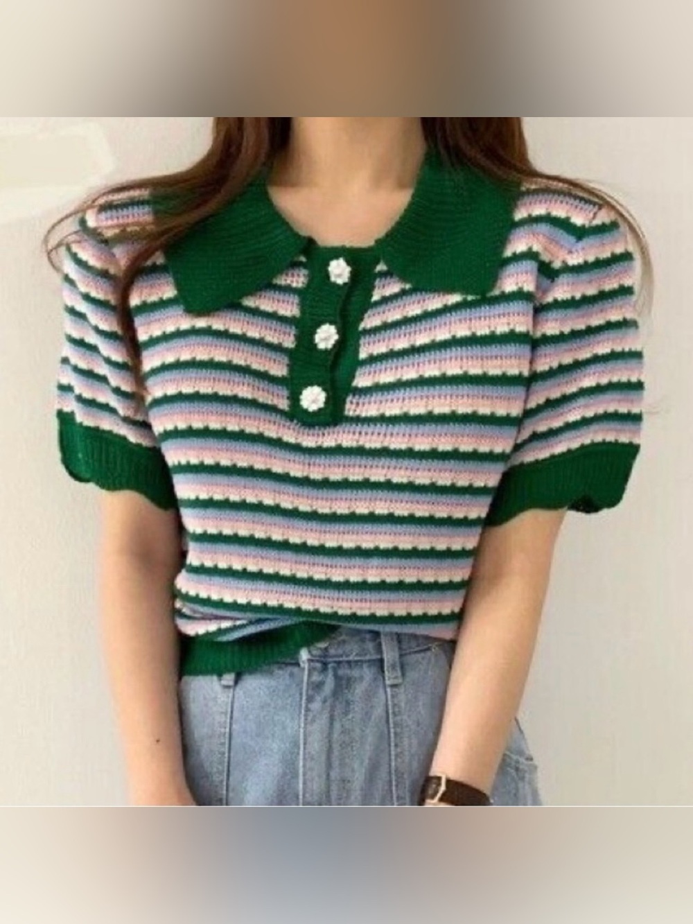 Zara Striped Knit Polo Top in Green, Pink, White
